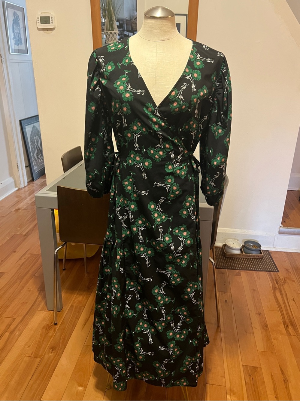 TOPSHOP -Black/Pink/Green/White Floral Wrap Midi Dress